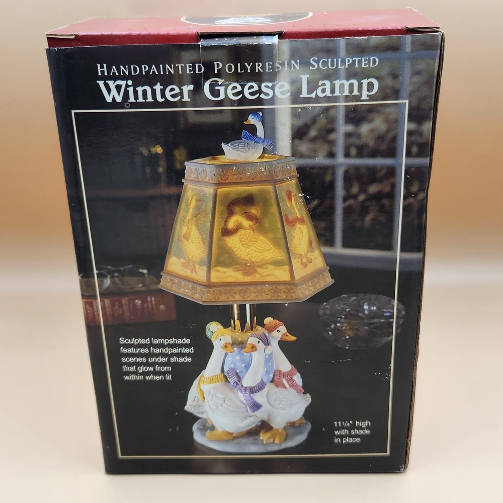 Handpainted Polyresin Winter Geese Goose Lamp Light VTG Country Cottagecore NOS